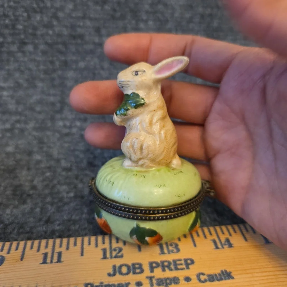 Rabbit Carrot Porcelain Round Trinket Box Small Hinged Metal Lid Figural Decor